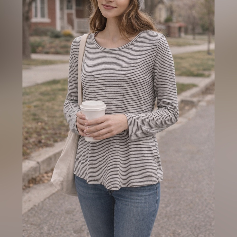 Faded Glory Striped Long Sleeve Top Juniors L 12-14 Gray Black Stripe Casual